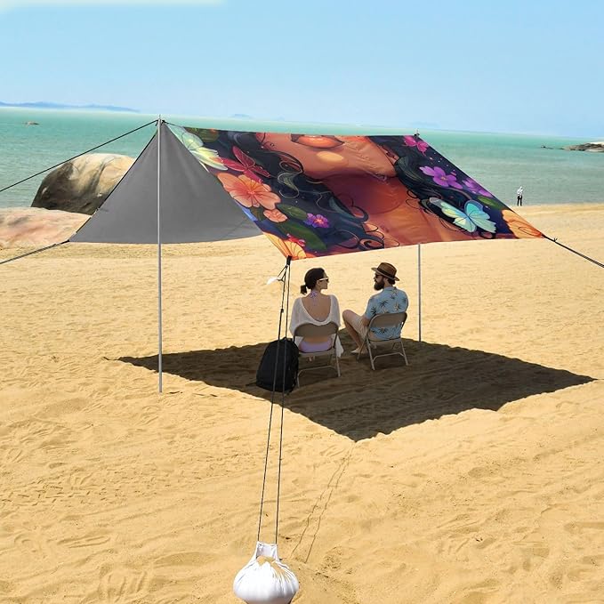 ALAZA Beautiful Black Woman Butterflies Flowers Beach Tent Sun Shelter Portable Canopy Sunshade for Outdoor Camping Picnics Backyard Fun 10x9 ft