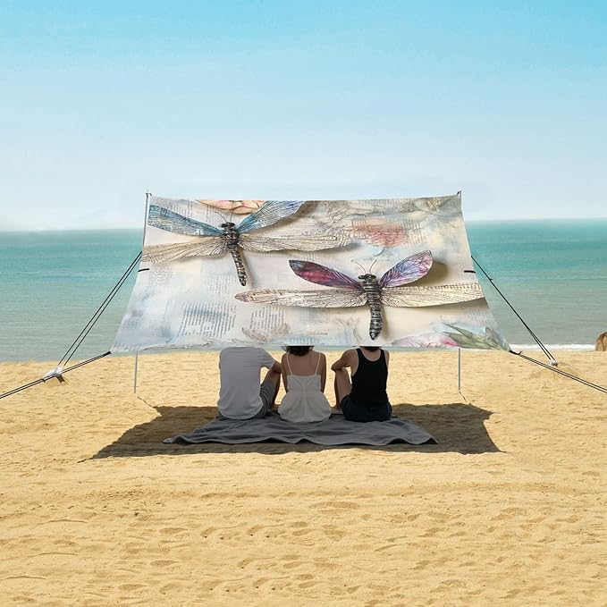 ALAZA Dragonflies Newspaper_Floral Beach Tent Sun Shelter Portable Canopy Sunshade for Outdoor Camping Picnics Backyard Fun 10x9 ft