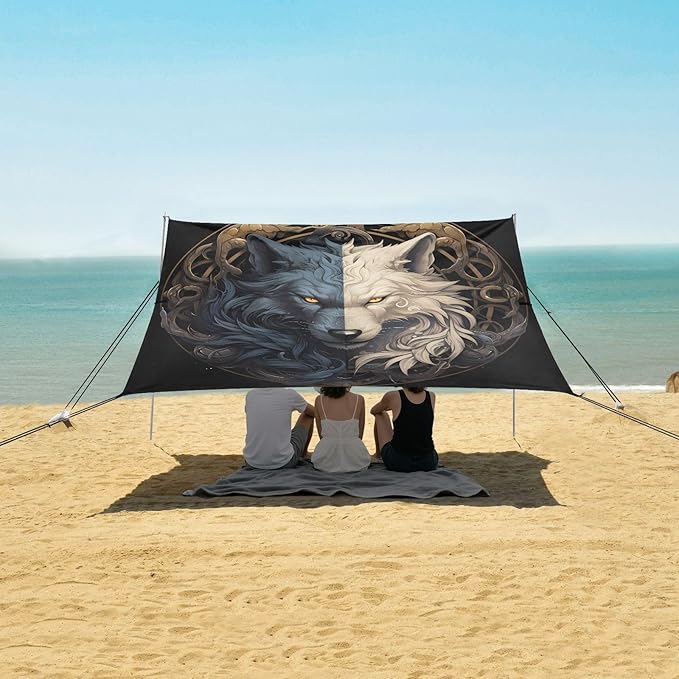 ALAZA Wolf Yinyang Beach Tent Sun Shelter UPF50+ Protection Beach Shade Canopy w/ 4 Sandbags for Outdoor Camping Fishing Backyard Fun Picnic 10x9 ft