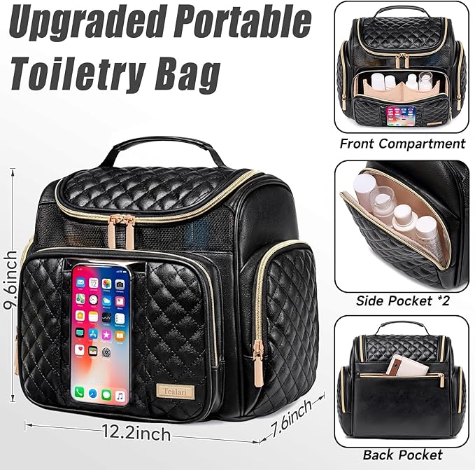 Large Leather Toiletry Bag for Women MenBathroom BagWater Resistant Shower BagMakeup BagPortable Shower Caddy for College DormHanging Travel Toiletry Bag with Transparent Waterproof Phone Pocket