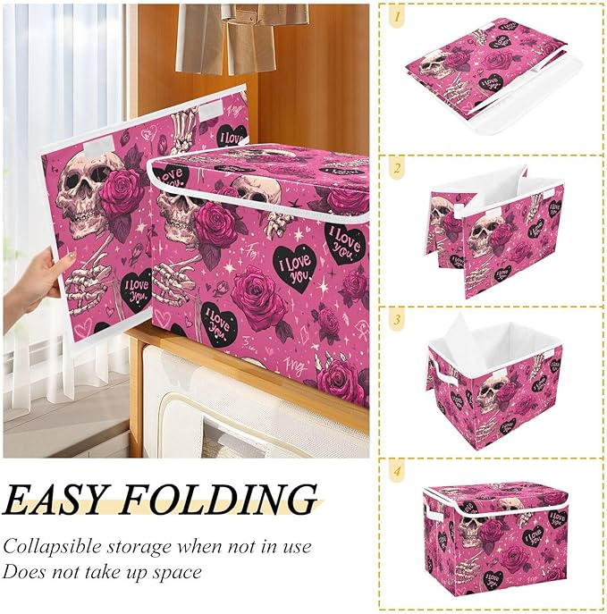 Valentine Skull Roses Pink Storage Box with Lid 1 PC Foldable Storage Bin with Lids Stackable Storage Bins Cube Closet Organizer Basket with Flip-Top Lid &amp Handles for Shoes Books Towels