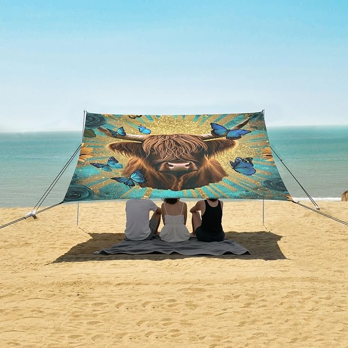 ALAZA Highland Cow Roses Sunflowers Beach Tent Sun Shelter Portable Canopy Sunshade for Outdoor Camping Picnics Backyard Fun 10x9 ft