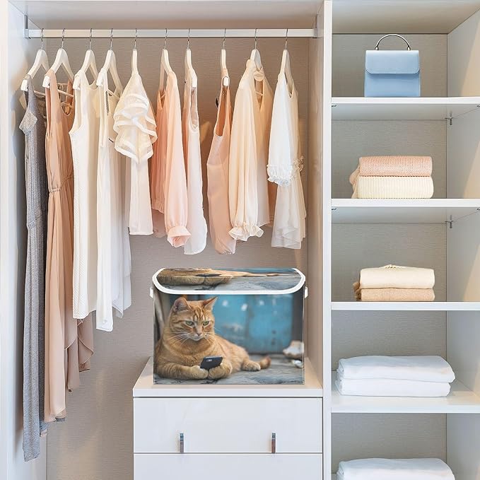 Storage Cube with Lid Cat with Phone Print 16.5×12.6×11.8 IN Collapsible Large Capacity Foldable Storage Basket Bin Organizer