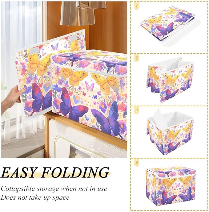 Bright Butterfly Lidded Storage Bins with Handles - 16.5x12.6x11.8 Foldable Organizing Box Oxford Fabric &amp Honeycomb Board Dust-Proof Flip Lid for Closet/Office
