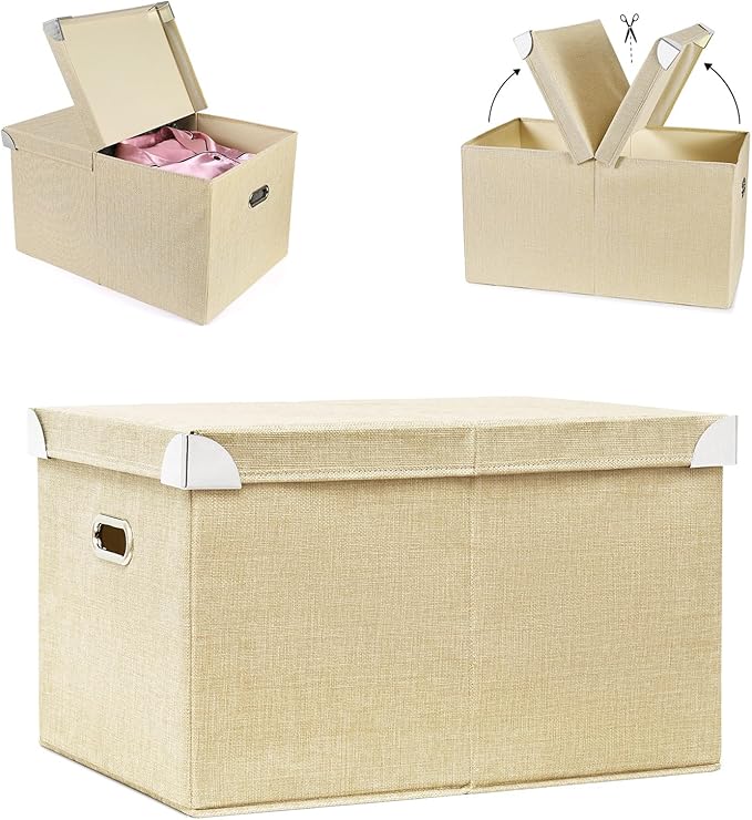 CONTAIL 19.7 58 Quart Collapsible Storage Bins with Foldable LidsStackable Linen Fabric Closet Boxes with Handle19.68”X13.77”X12.2”Khaki