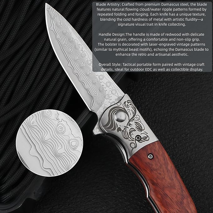 Damascus Steel Knife Knives for Men HRC 60 Rosewood Handle Hand-Forged Damascus Folding Knife Gifts for Hunters Men who have Everything Camping Knives &amp Tools Gift Ideas for Boyfriend