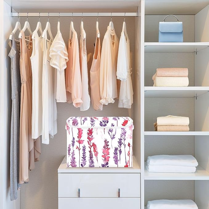 AIXIWAWA Lidded Storage Cube (Pattern Lavender) Fabric Foldable Closet Bins with Flip Lid and Handles Organizer Basket Container 16.5 x 12.6 x 11.8 IN