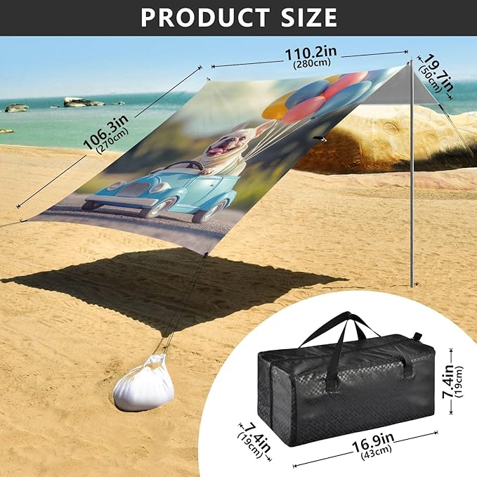 ALAZA French Bulldog Driving Car with Balloons Dog Beach Tent Sun Shelter Portable Canopy Sunshade for Outdoor Camping Picnics Backyard Fun 10x9 ft