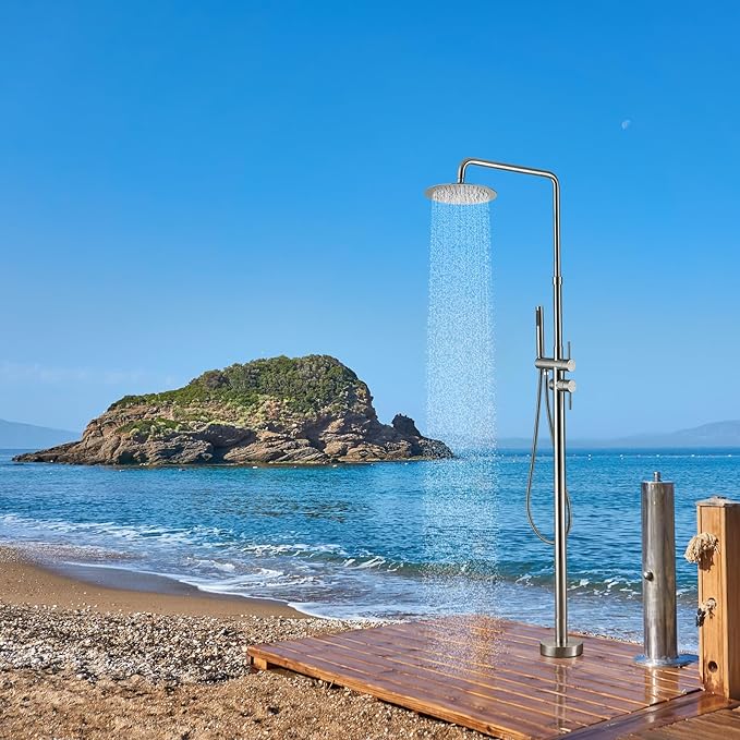 RBROHANT Freestanding Outdoor Shower Nickel Height Adjustable Outside Showers for Backyard Garden Pool Beach Outdoor Shower Fixtures with 10” Rain Shower Head and Handheld Brushed Nickel JK0317
