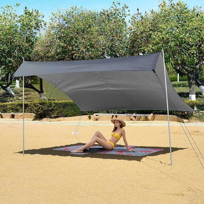 Blue Grey Gradient Beach Cabana Tent UPF50+ Protection Easy Setup Portable Sun Shelter with Sand Pockets for Camping Picnics Backyard