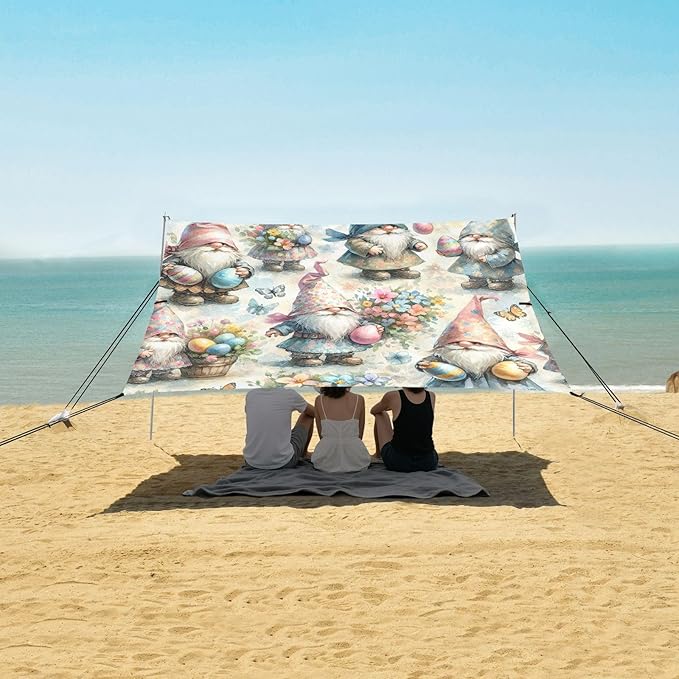 Gnomes with Easter Eggs Beach Tent Sun Shelter Set UPF50+ UV Protection 10.5 x 9.19 FT Camping Shade Canopy with Sandbags Sand Anchors Carrying Bag and Others