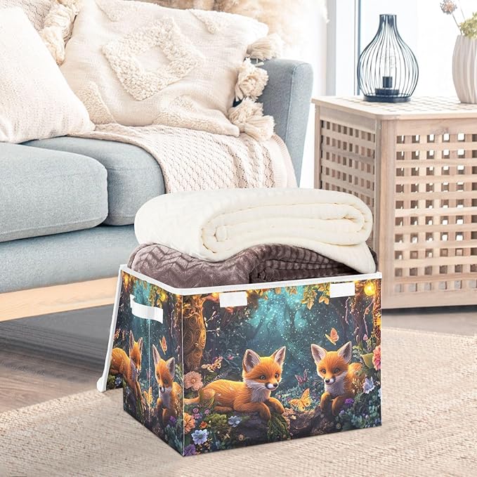 Storage Cube with Lid Cute Foxes Print 16.5×12.6×11.8 IN 1 Pack Collapsible Large Capacity Foldable Storage Basket Bin Organizer