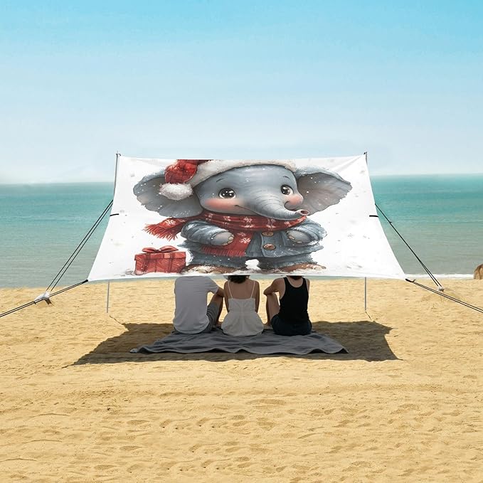 ALAZA Christmas Elephant Beach Tent Sun Shelter UPF50+ Protection Beach Shade Canopy w/ 4 Sandbags for Outdoor Camping Fishing Backyard Fun Picnic 10x9 ft