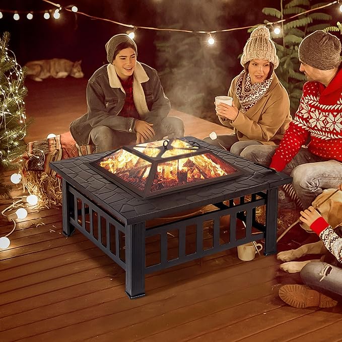 SINGLYFIRE 32 Inch Fire Pit Table for Outside Square Metal Firepit Outdoor Wood Burning Large Steel Bonfire Pit for Patio Backyard Garden with Spark ScreenLog GratePoker