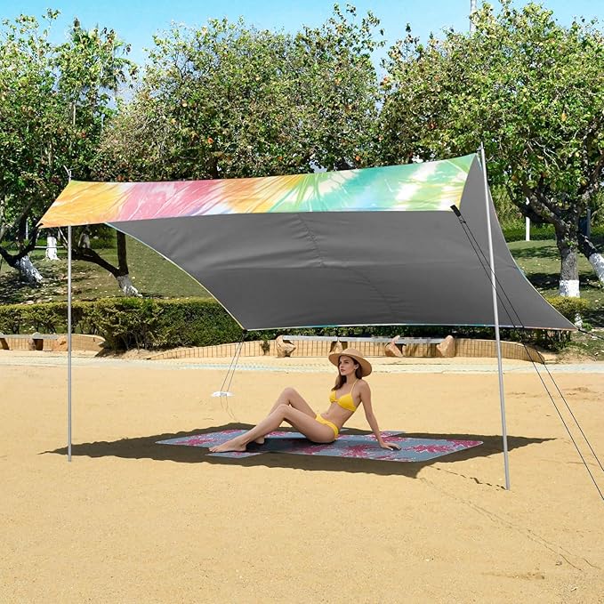 Lightseagreen Tie-dye Background Vibrant Colors and Swirling Patterns Tie-dye Pattern Beach Tent UPF50+ Water-Resistant Portable Sun Shelter with Sturdy Poles Sandbags and Shovel for Camping
