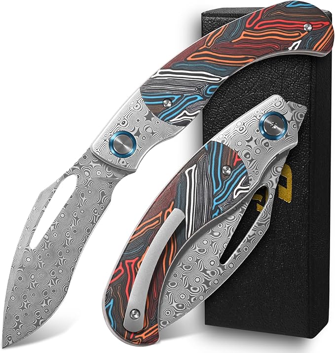 Sitivien ST270 Folding Knife Damascus Steel Blade Colorful G10 &amp Damascus Handle with Ball Bearing for Men Women Outdoor Camping Hiking Fishing(Wood)