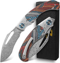 Sitivien ST270 Folding Knife Damascus Steel Blade Colorful G10 &amp Damascus Handle with Ball Bearing for Men Women Outdoor Camping Hiking Fishing(Wood)