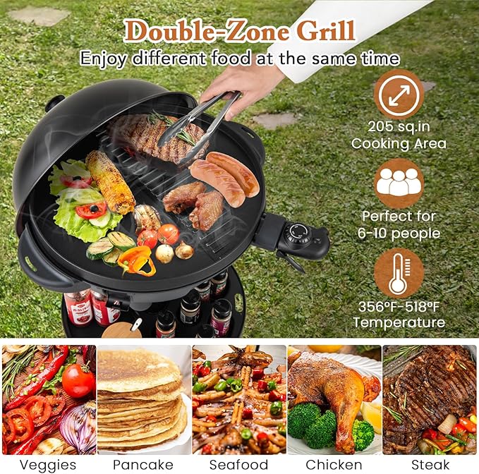 1200W Electric Grill Outdoor 2-in-1 Freestanding &amp Tabletop BBQ Grill w/Thermometer Nonstick Griddle Lid &amp Drip Tray Portable Camping Grill for Patio Backyard Party Black