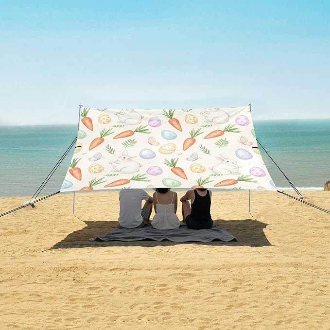 Easter Bunny Beach Canopy Sun Shelter with Sandbags &amp Sand Shovel &amp Windproof Ropes - Portable 110x126 Beach Shade Beach Tent for Camping Picnics