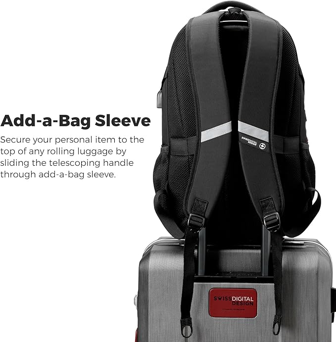 Swissdigital Design Laptop Backpack with USB Charging Port Travel Backpack Fits 15.6 inches Computer 31L College School Backpack for Men Black | SD803-01