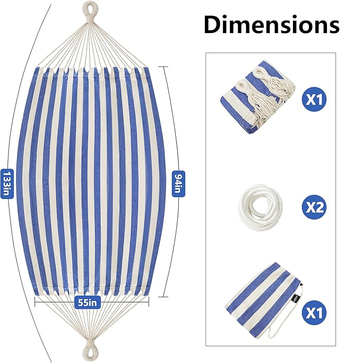 Double Hammock Brazilian Hammocks with Portable Carrying BagSoft Cotton Fabric Up to 450 Lbs Hanging for PatioTreesGardenBackyardPorchOutdoor and Indoor XXX-Large Stripe (Blue-White)