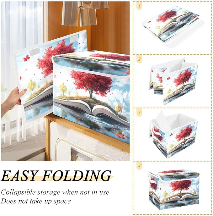 Storage Cube with Lid Tree on Book Print 16.5×12.6×11.8 IN Collapsible Large Capacity Foldable Storage Basket Bin Organizer