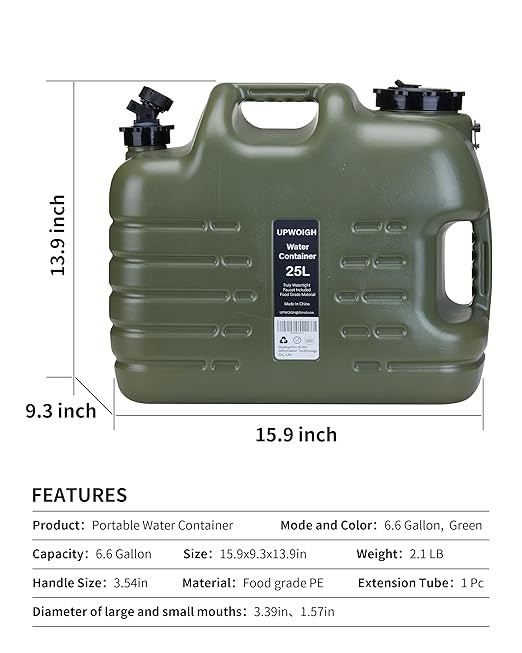 UPWOIGH Camping Water Container 6.6 Gallon Big Water Jug(25L) Truly No Leakage Water Storage Military Green Water TankBPA Free Overlanding Gear
