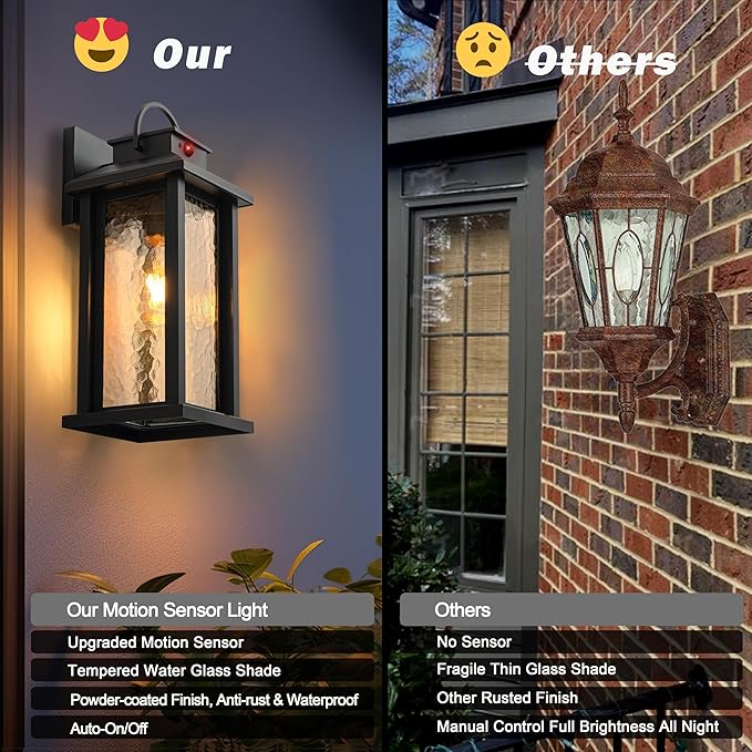 2 Pack Motion Sensor Outdoor Lights Matte Black Dusk to Dawn Porch Lights Outdoor Light Fixture with Water Glass 3 Lighting Modes Exterior Lighting Fixtures Waterproof Outside Light for House