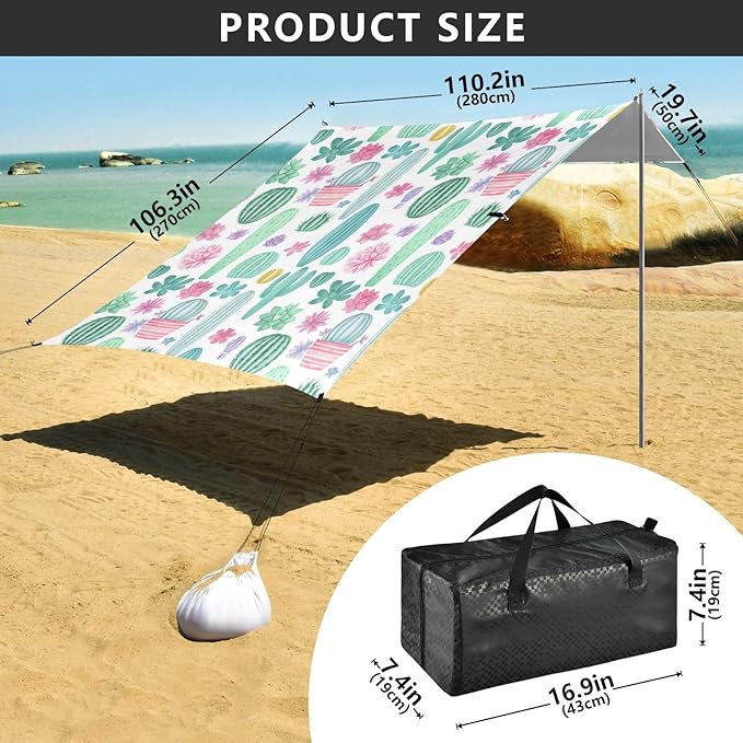 Beach Canopy with Windproof Ropes &amp Sandbags Beach Tent Sun Shade Sun Shelter for Camping Trips Fishing Backyard Fun or Picnics Cactus