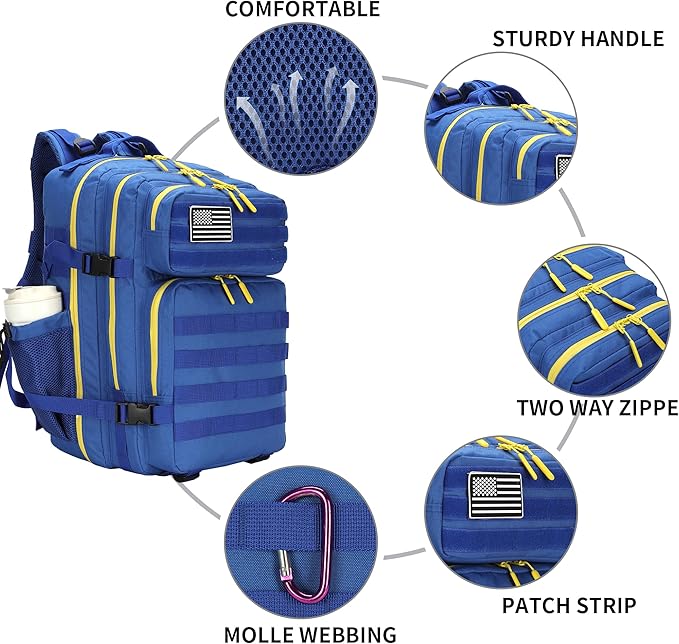 Lovelinks21 25L Tactical Military Backpack Small Travel Rucksack for Men and Women Assault Pack Bug Out Bag Molle Daypack Gym Backpack with Bottle Holder (Blue Yellow)