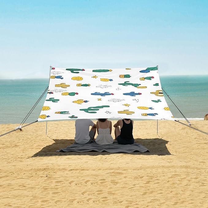 ALAZA Cactus Pattern Beach Tent Sun Shelter UPF50+ Protection Beach Shade Canopy w/ 4 Sandbags for Outdoor Camping Fishing Backyard Fun Picnic 10x9 ft