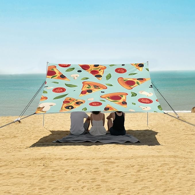 ALAZA Pizza Mushroom Tomato Pattern Beach Tent Sun Shelter Portable Canopy Sunshade for Outdoor Camping Picnics Backyard Fun 10x9 ft