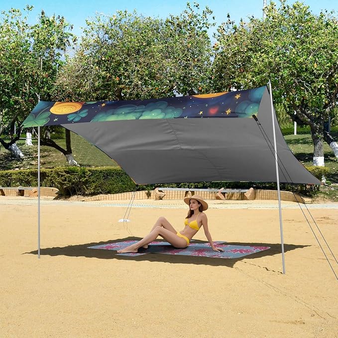St Patrick's Rainbow Coins Leprechauns Beach Tent Sun Shelter Set UPF50+ UV Protection 10.5 x 9.19 FT Camping Shade Canopy with Sandbags Sand Anchors Carrying Bag and Others