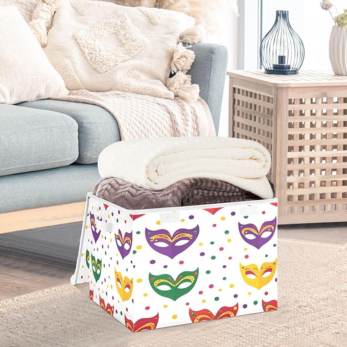 Mardi Gras Mask Fabric Storage Bins with Lids and HandleFoldable Storage Bins with LidsCloset Organizers for Clothes Storage Room Organization Office Storage Chest Organizer