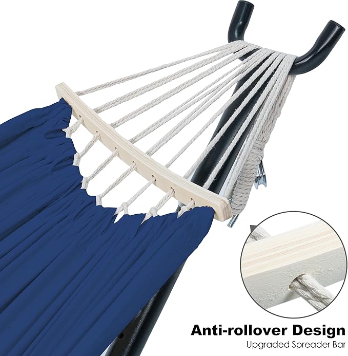Gafete Double Hammock with Stand for Outside Upgraded Spreader Bar Heavy Duty Space Saving Steel Stand 2 Person Side Pockets Easy Assembly 600lbs Weight Capacity Indoor &amp Outdoor (Navy Blue)