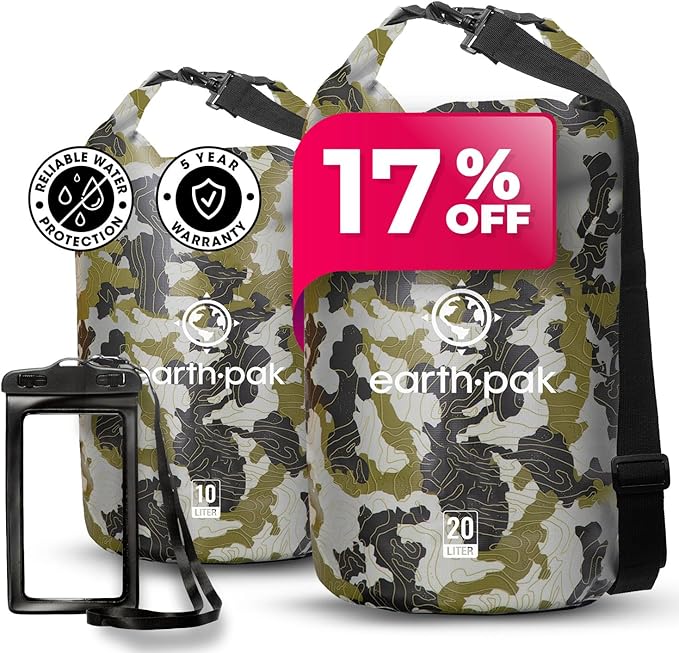 Earth Pak Waterproof Dry Bag - Roll Top Waterproof Backpack Sack (Camo 10L &amp 20L)