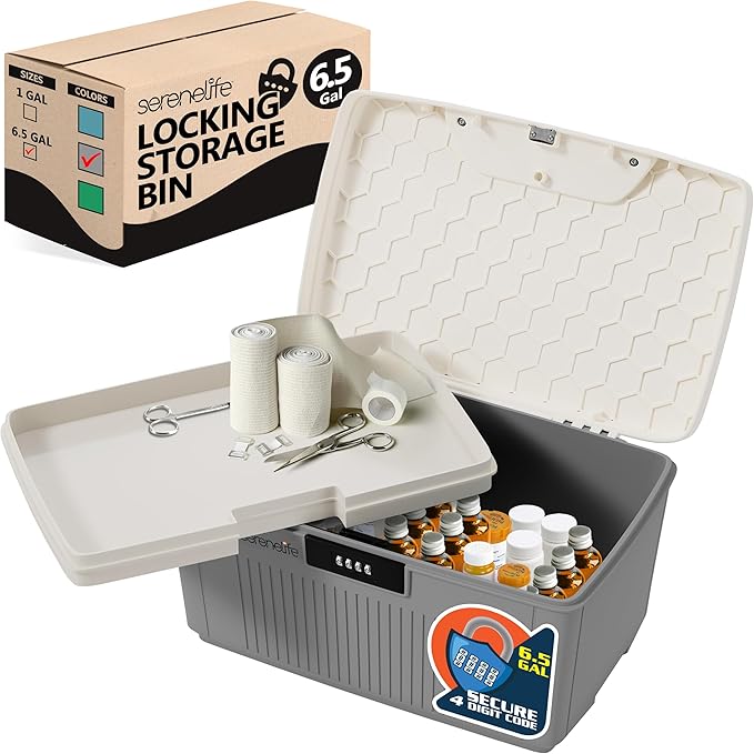 SereneLife Lockable Storage Container Bin 8.5 Gallon Capacity Heavy Duty Storage Box with Combination Lock Gray