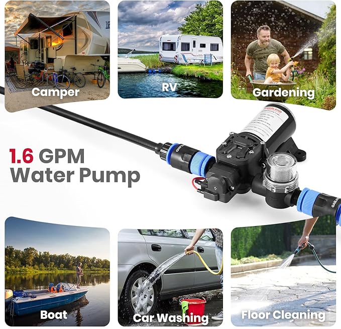 GASLAND 12V Water Pump Kit 1.6 GPM Camper Water Pressure Pump with Pressure Switch 65 PSI Self Priming Diaphragm Pump for Camper Boat Marine RV Kitchen Bathroom Gas Hot Water System