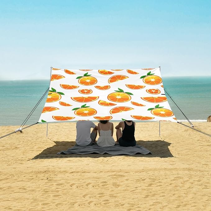 Beach Canopy with Windproof Ropes &amp Sandbags Beach Tent Sun Shade Sun Shelter for Camping Trips Fishing Backyard Fun or Picnics Oranges