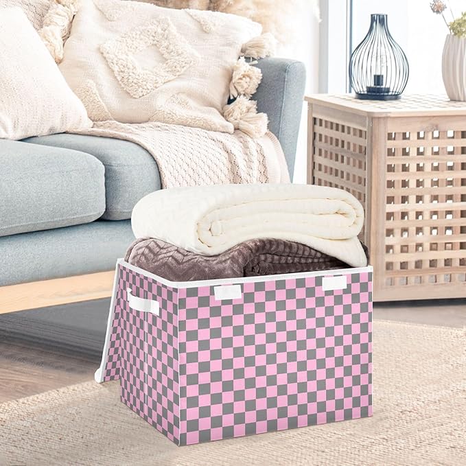 Pink Grey Checkerboard Storage Baskets Lidded Bin Foldable Storage Boxes Cubes Lids with 2 Handles for Organizing Closet Home Office