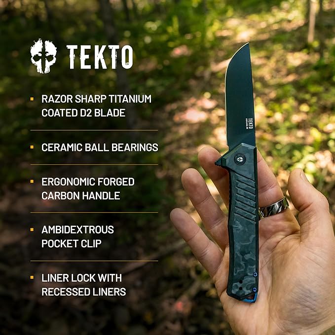 TEKTO KNIVES F1 Alpha Folding Pocket Knife - Modified Straight Back Blade Titanium Coated D2 Steel Ideal for Outdoor Camping &amp BackpackingTactical Forged Carbon Fiber Handle Blue Titanium Acce