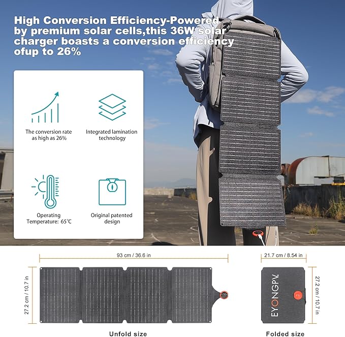 EYONGPV 36W Portable Foldable Solar Panel with Croc-Eye USB-C PD Fast Charging Output IP67 Waterproof Compact Solar Charger for Phones Power Banks Camping Hiking Backpacking