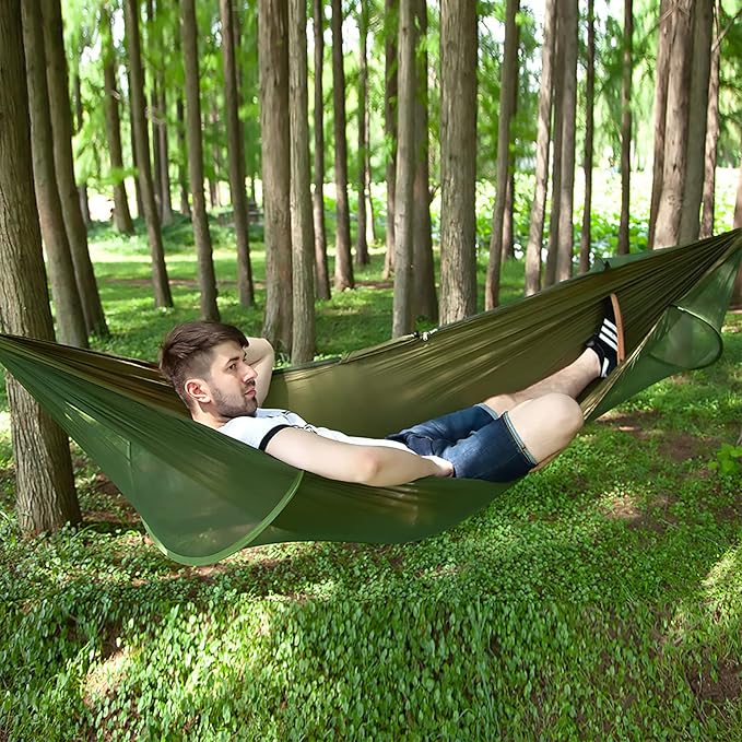 LFL Camping Hammock with Mosquito Net Hammocks with 13ft Tree Straps Carabiners Automatic Quick Open Outdoor Portable Hammock Nylon Parachute Material Outside Hammocks with Net (Black)