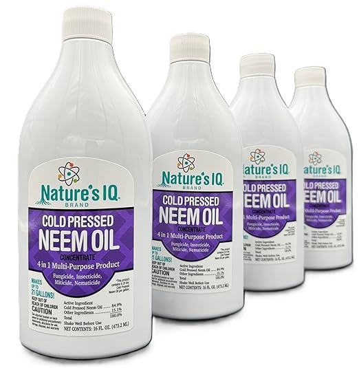 Nature's IQ Advanced Formula Neem Oil with Built in Mixing Agent. Concentrated neem Oil Spray for Plants. 4 in 1 Products. Controls Insects Mites Fungus and Nematodes. 4-16oz Bottles.