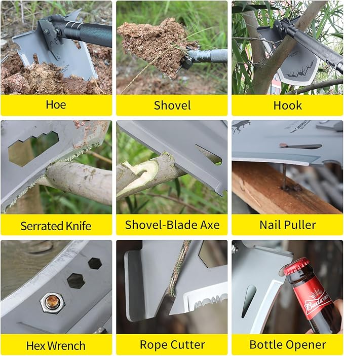 13-in-1 MultitoolFolding ShovelHeavy Duty 3Cr13Mov Steel Multi-Purpose Camping Shovel for Off-Road Gardening Beach Snow Digging &amp Emergency Use with Aluminum Handle and Carry Bag