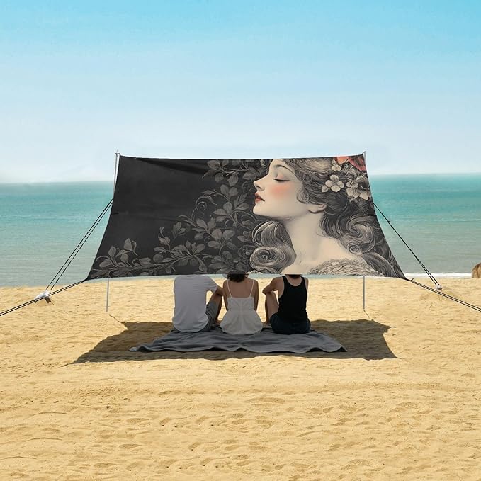 Charming Woman Beach Tent Sun Shelter Set UPF50+ UV Protection 10.5 x 9.19 FT Camping Shade Canopy with Sandbags Sand Anchors Carrying Bag and Others