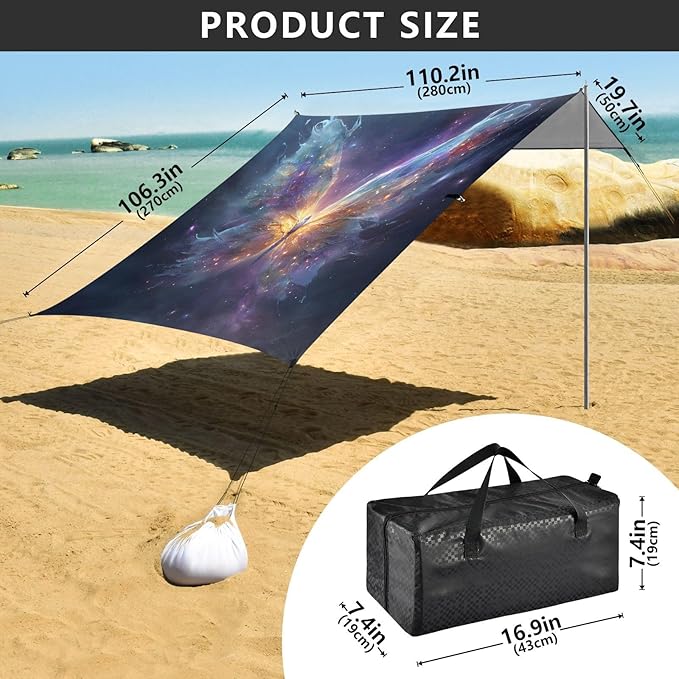ALAZA Magical Butterfly Nebula Galaxy Beach Tent Sun Shelter UPF50+ Protection Beach Shade Canopy w/ 4 Sandbags for Outdoor Camping Fishing Backyard Fun Picnic 10x9 ft