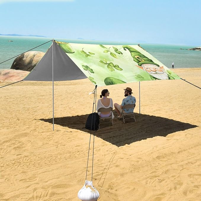 St. Patrick's Day Beach Canopy Sun Shelter with Sandbags &amp Sand Shovel &amp Windproof Ropes - Portable 110x126 Beach Shade Beach Tent for Camping Picnics