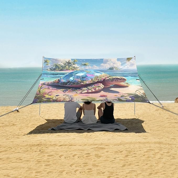 ALAZA Sea Turtle Beach Palm Beach Tent Sun Shelter UPF50+ Protection Beach Shade Canopy w/ 4 Sandbags for Outdoor Camping Fishing Backyard Fun Picnic 10x9 ft