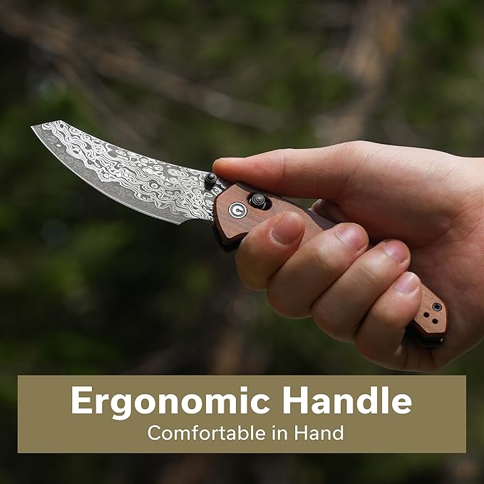 CIVIVI Sixgill Folding Pocket Knife for EDC 3.41'' Damascus Blade Guibourtia Wood Handle Deep Carry Reversible Clip Gift for Men Women C24050-DS1